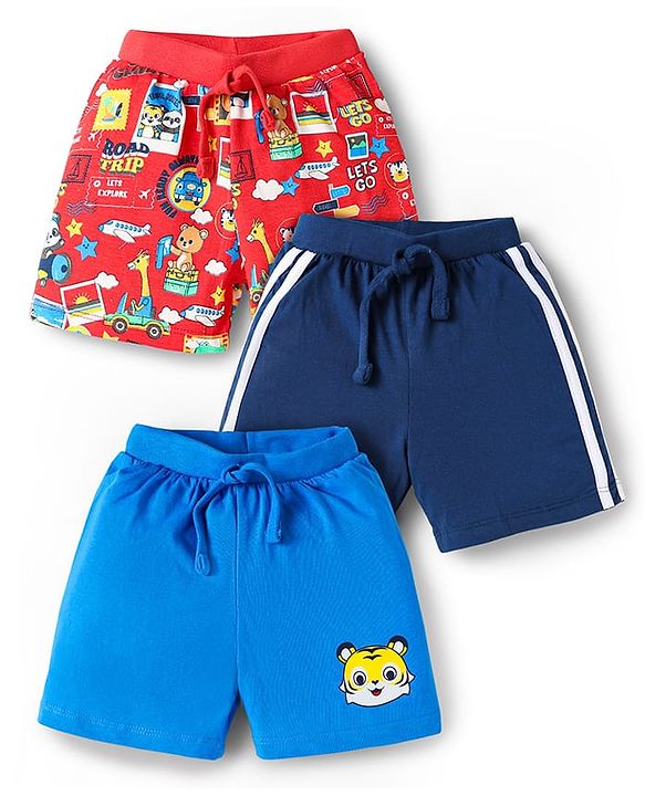 Babyhug Cotton Knit Knee Length Animal Printed Shorts Pack of 3 - Red Medium & Navy Blue