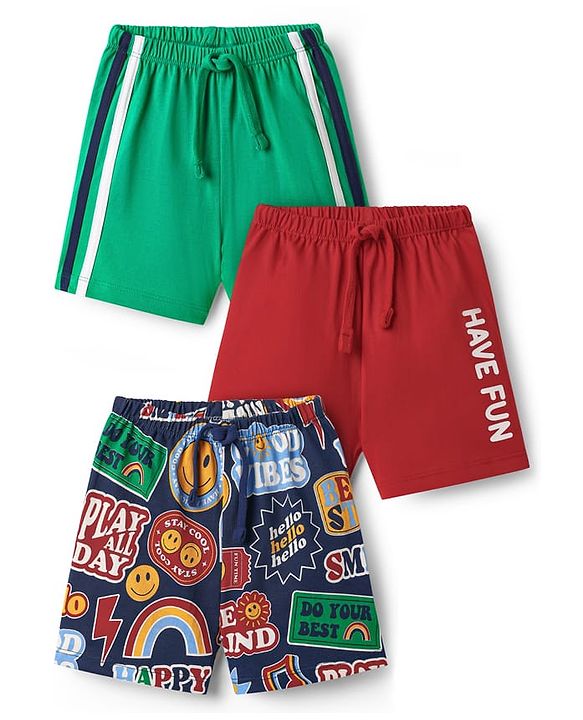 Babyhug Single Jersey Knit Shorts With Text Print Pack Of 3 - Green Blue & Red