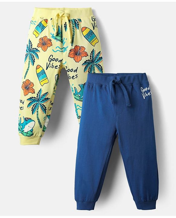 Babyhug Terry Knit Full Length Beach Theme Printed Lounge Pants Pack of 2 - Navy Blue & Yellow