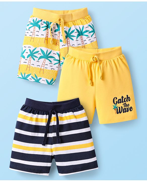 Babyhug Single Jersey Knit Shorts with Beach Theme Print Pack of 3 - Yellow & Black