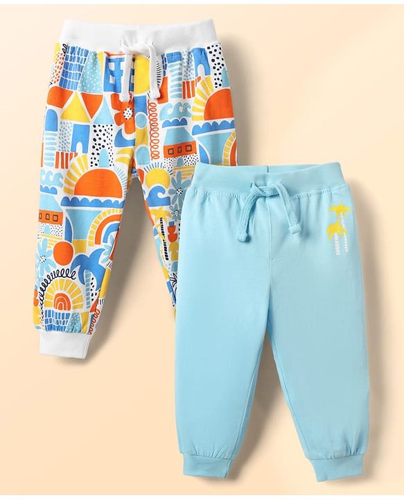 Babyhug Terry Knit Full Length Lounge Pant With Abstract Print Pack Of 2 - Light Blue & Blue