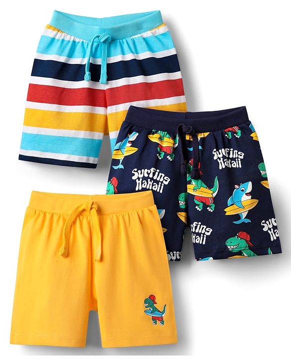Babyhug Single Jersey Knit Shorts With Stripes & Dino Print Pack Of 3 - Yellow Light Blue & Navy Blue