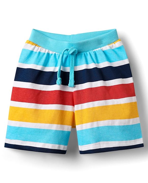 Babyhug 100% Cotton Single Jersey Knit Shorts With Stripes & Dino Print Pack Of 3 - Yellow Light Blue & Navy Blue