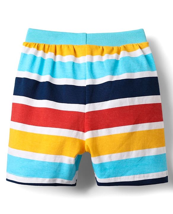 Babyhug 100% Cotton Single Jersey Knit Shorts With Stripes & Dino Print Pack Of 3 - Yellow Light Blue & Navy Blue