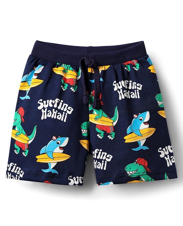 Babyhug 100% Cotton Single Jersey Knit Shorts With Stripes & Dino Print Pack Of 3 - Yellow Light Blue & Navy Blue