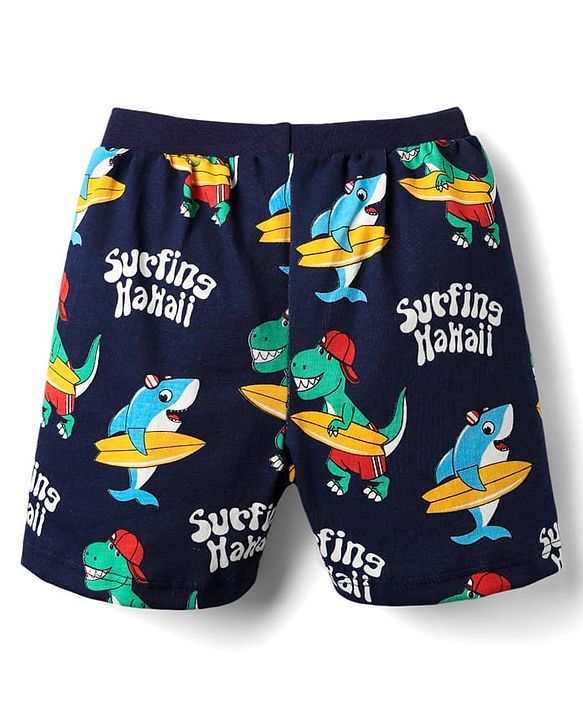Babyhug 100% Cotton Single Jersey Knit Shorts With Stripes & Dino Print Pack Of 3 - Yellow Light Blue & Navy Blue