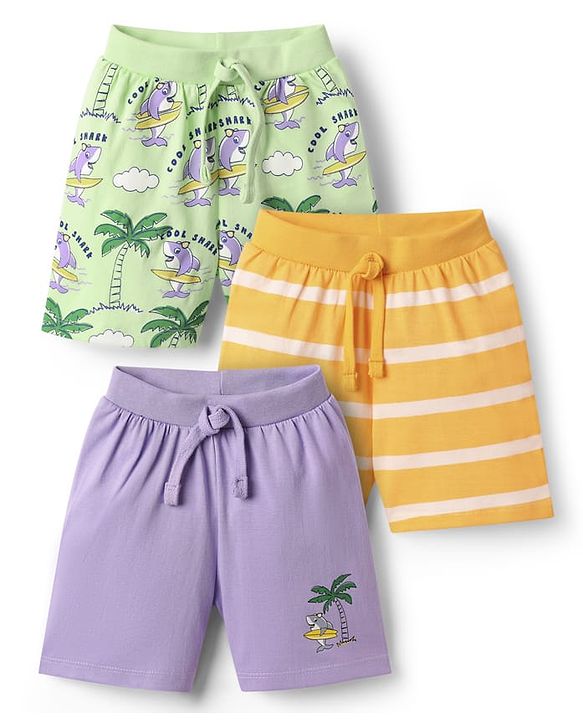 Babyhug Single Jersey Knit Striped & Shark Printed Shorts Pack of 3 - Lilac Yellow & Light Green