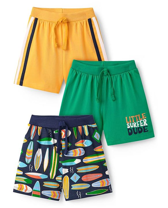 Babyhug Single Jersey Knit Shorts With Abstract Print Pack Of 3 - Yellow Green & Navy Blue