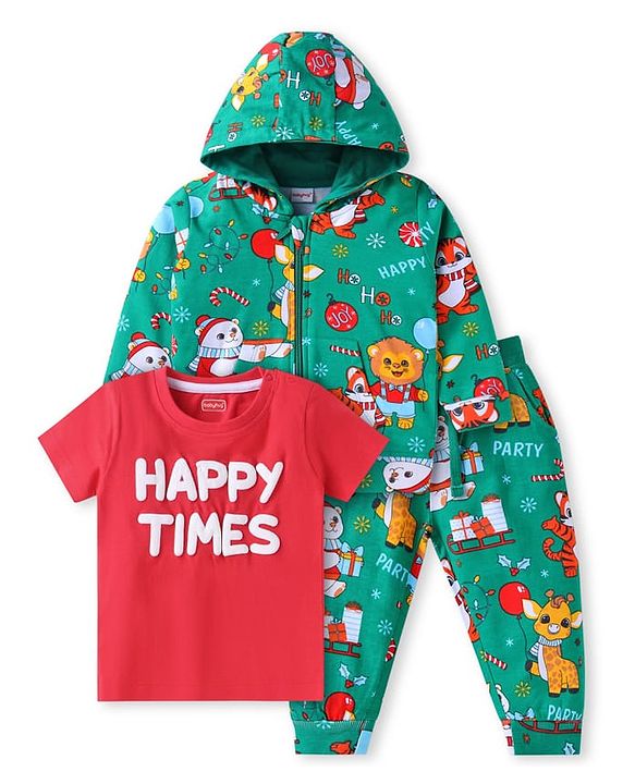 Babyhug Terry Knit  Full Sleeves Hooded Jacket with Happy Times Printed T-Shirt & Lounge Pants with Animal Print - Green & Red