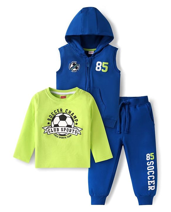 Babyhug Terry Knit Full Sleeves T-Shirt & Lounge Pant Set with Hooded Sweatjacket & Soccer Print - Blue