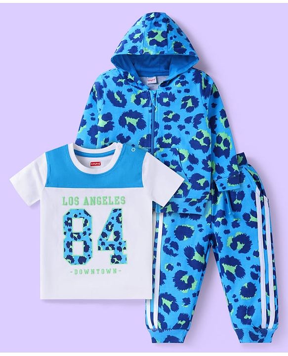 Babyhug Terry Knit Full Sleeves Hooded T-Shirt & Lounge Pant Set with Half Sleeves T-Shirt - Blue