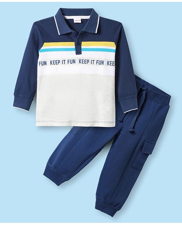 Babyhug Terry Knit Full Sleeves Cut & Sew Polo T-Shirt & Lounge Pant Set with Text Print - Navy Blue