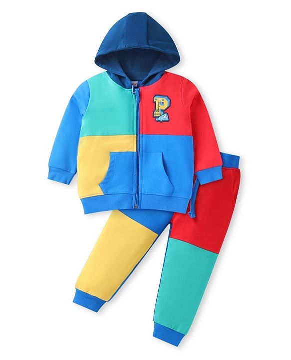 Babyhug Terry Knit Full Sleeves Hooded T-Shirt & Lounge Pant Set with Cut & Sew Design - Blue Red & Yellow