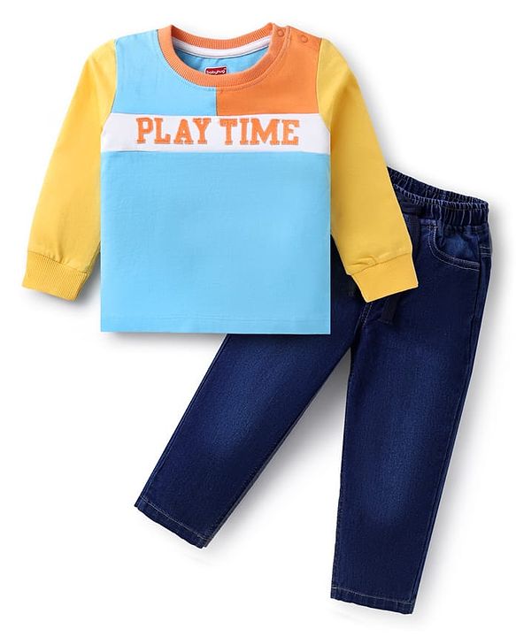 Babyhug Terry Knit Full Sleeves Cut & Sew T-Shirt & Denim Jeans Set with Text Patch Detailing - Blue & Yellow