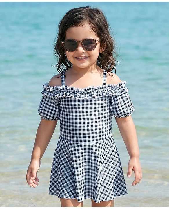 Babyhug Cold Shoulder Sleeves Checks Frock Swimsuit - Black & White