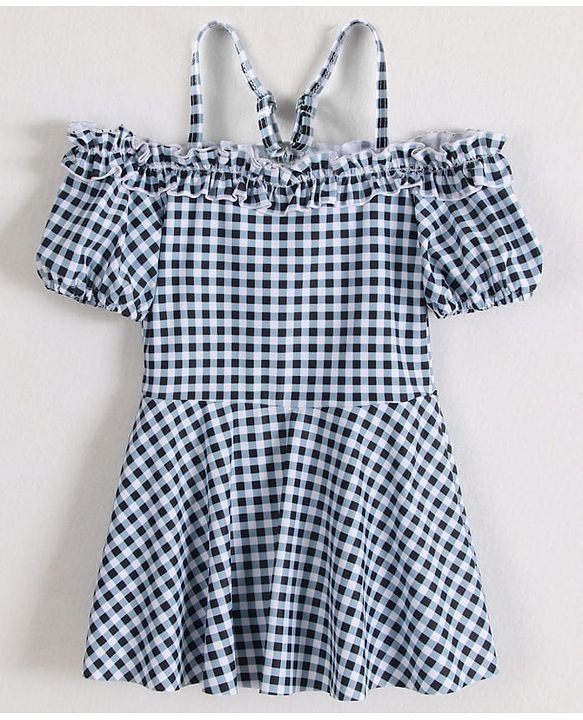 Babyhug Cold Shoulder Sleeves Checks Frock Swimsuit - Black & White