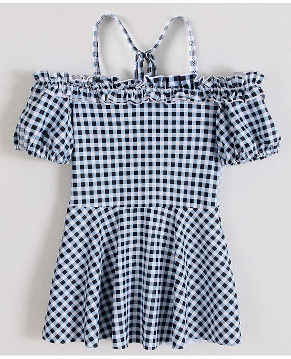 Babyhug Cold Shoulder Sleeves Checks Frock Swimsuit - Black & White