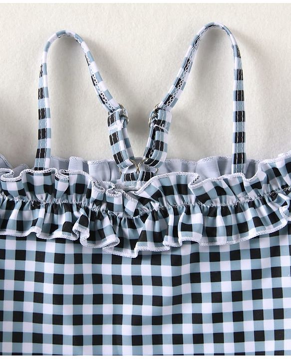 Babyhug Cold Shoulder Sleeves Checks Frock Swimsuit - Black & White