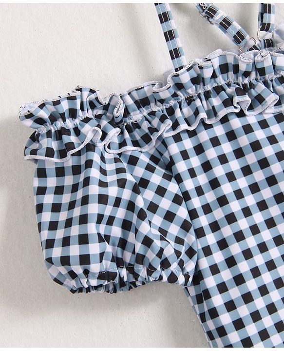 Babyhug Cold Shoulder Sleeves Checks Frock Swimsuit - Black & White