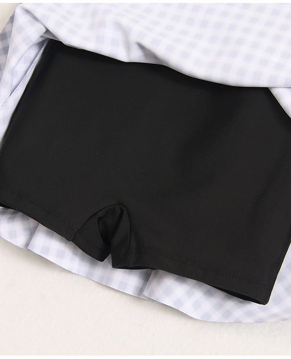 Babyhug Cold Shoulder Sleeves Checks Frock Swimsuit - Black & White