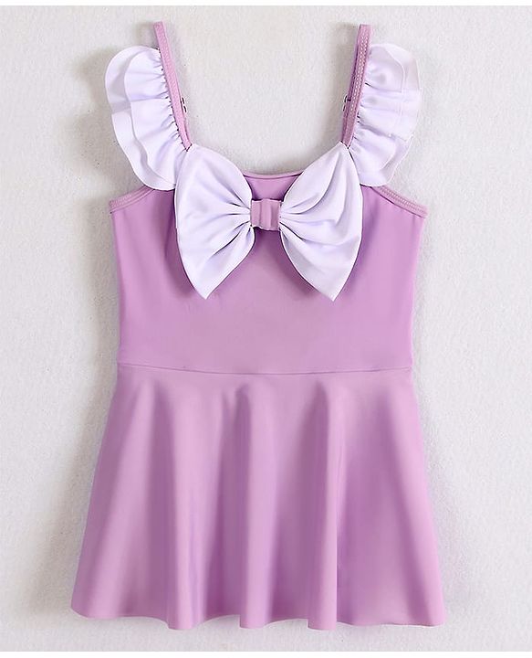 Babyhug Frill Sleeves Frock Swimsuit With Bow Applique - Purple