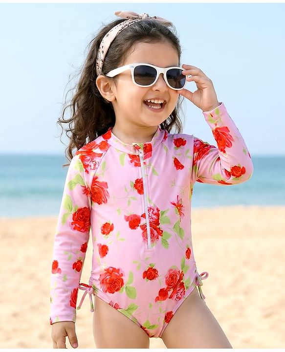 Babyhug Full Sleeves V Cut Swimsuit With Floral Print - Pink