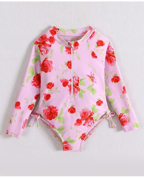 Babyhug Full Sleeves V Cut Swimsuit With Floral Print - Pink