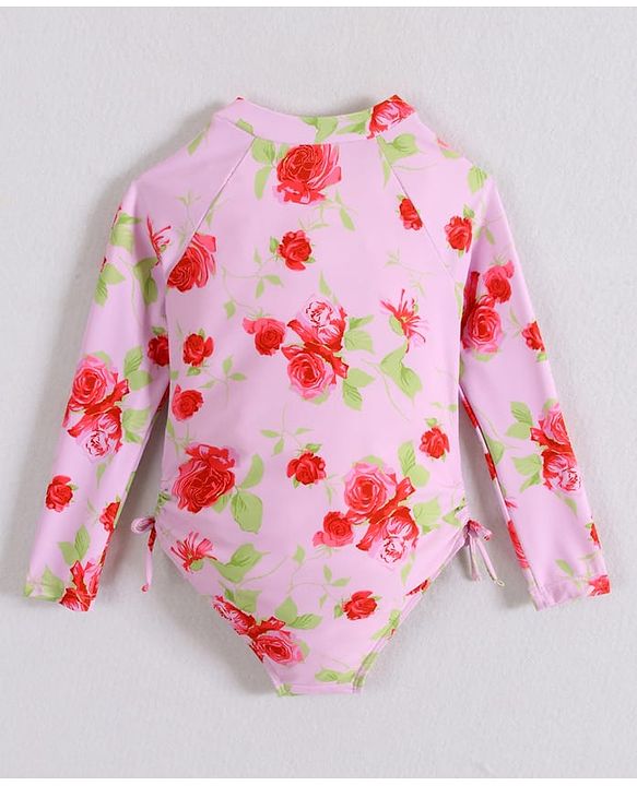 Babyhug Full Sleeves V Cut Swimsuit With Floral Print - Pink