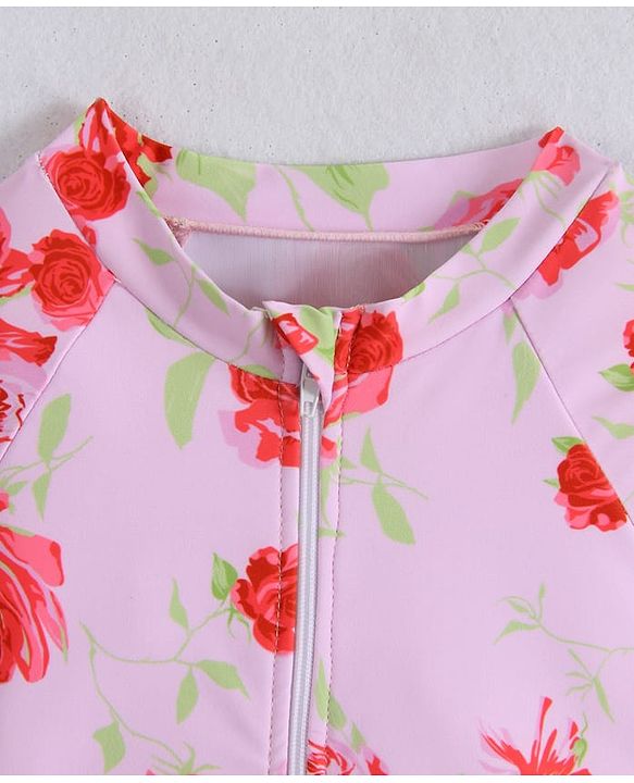 Babyhug Full Sleeves V Cut Swimsuit With Floral Print - Pink