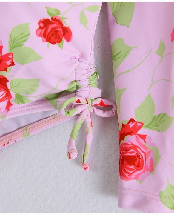 Babyhug Full Sleeves V Cut Swimsuit With Floral Print - Pink