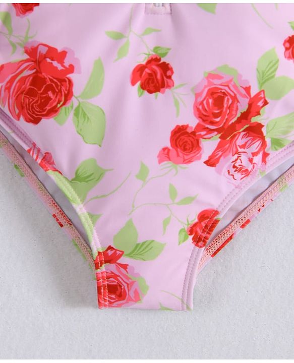 Babyhug Full Sleeves V Cut Swimsuit With Floral Print - Pink
