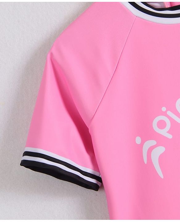 Pine Active Half Sleeves Frock Swimsuit With Logo Print - Pink