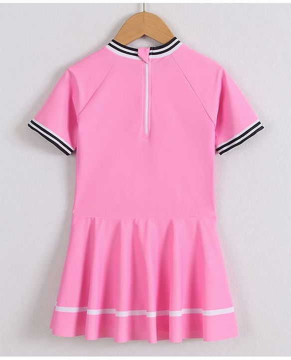 Pine Active Half Sleeves Frock Swimsuit With Logo Print - Pink