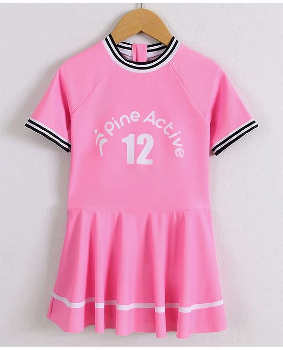 Pine Active Half Sleeves Frock Swimsuit With Logo Print - Pink