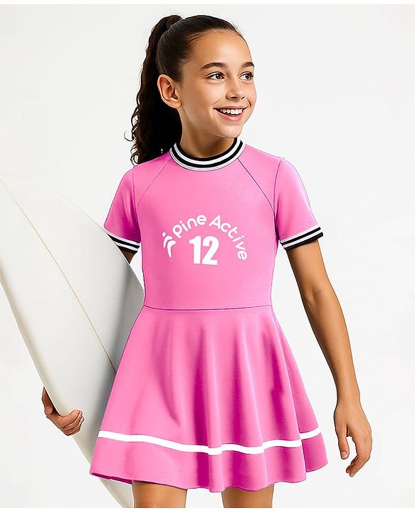 Pine Active Half Sleeves Frock Swimsuit With Logo Print - Pink