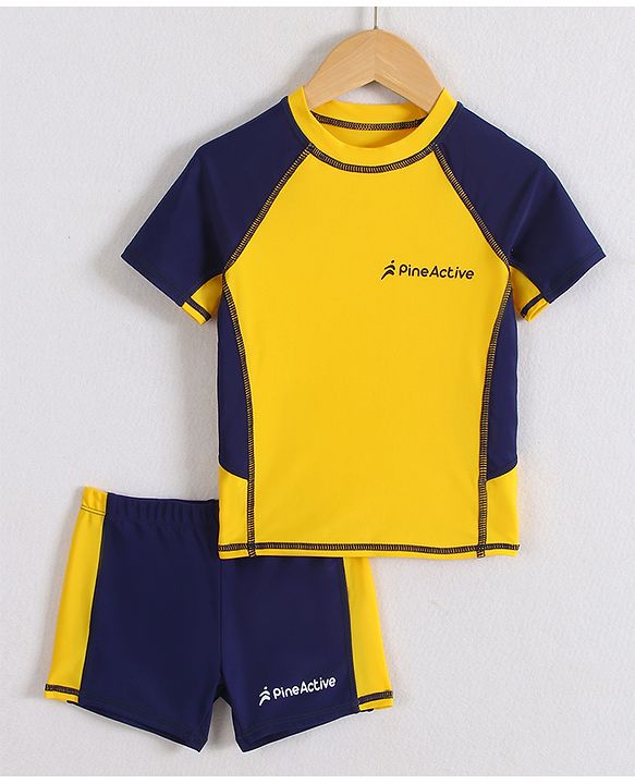 Pine Active Half Raglan Sleeves Two Piece Swimsuit With Logo Print - Yellow & Navy Blue