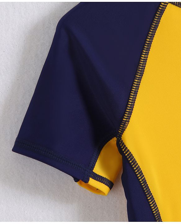 Pine Active Half Raglan Sleeves Two Piece Swimsuit With Logo Print - Yellow & Navy Blue