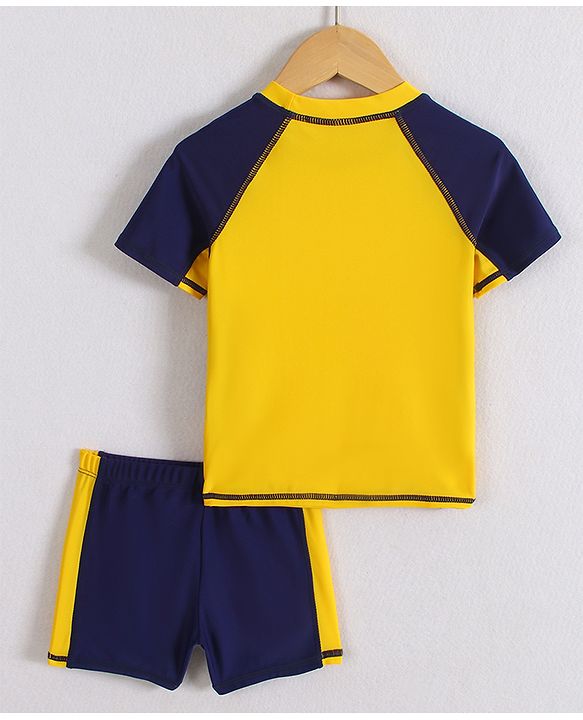 Pine Active Half Raglan Sleeves Two Piece Swimsuit With Logo Print - Yellow & Navy Blue