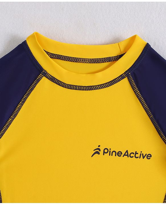 Pine Active Half Raglan Sleeves Two Piece Swimsuit With Logo Print - Yellow & Navy Blue