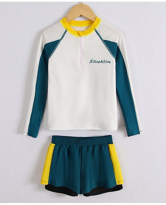 Pine Active Full Raglan Sleeves Two Piece Swimsuit With Logo Print - White & Dark Green