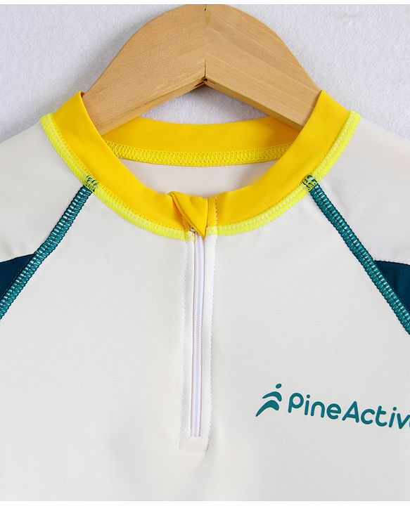 Pine Active Full Raglan Sleeves Two Piece Swimsuit With Logo Print - White & Dark Green