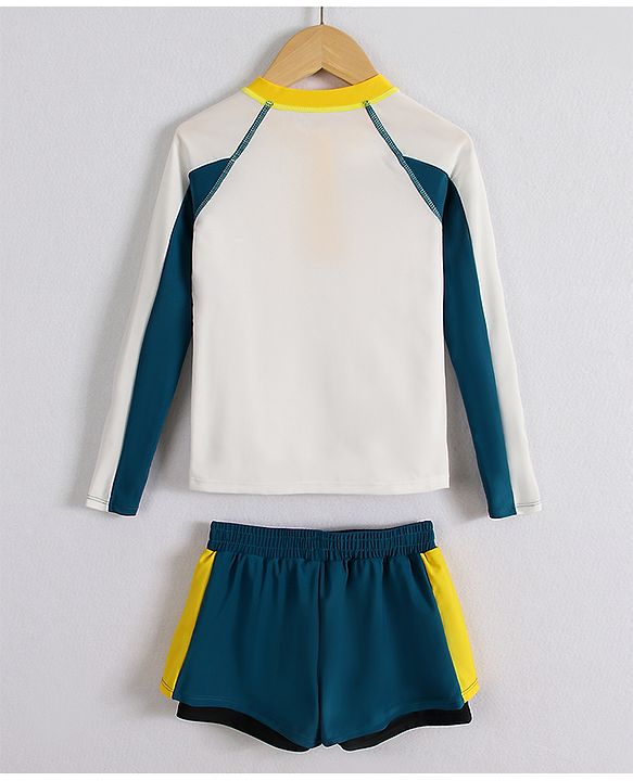 Pine Active Full Raglan Sleeves Two Piece Swimsuit With Logo Print - White & Dark Green