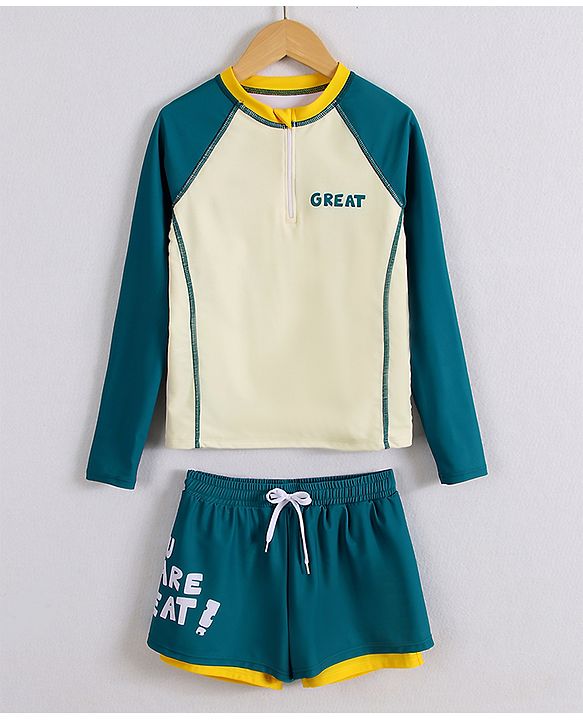 Pine Active Full Raglan Sleeves Two Piece Swimsuit With Logo Print - Teal Blue