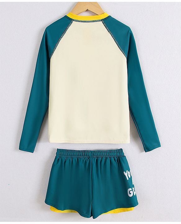 Pine Active Full Raglan Sleeves Two Piece Swimsuit With Logo Print - Teal Blue