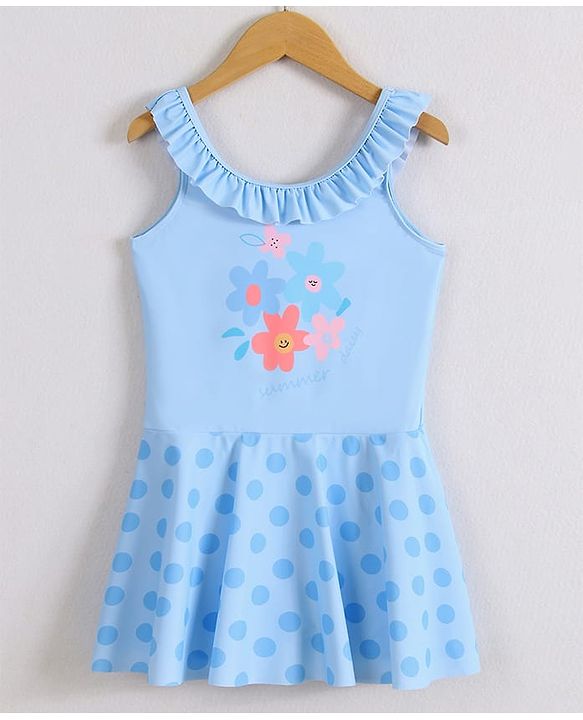 Pine Kids Sleeveless Frock Swimsuit With Floral Print - Light Blue