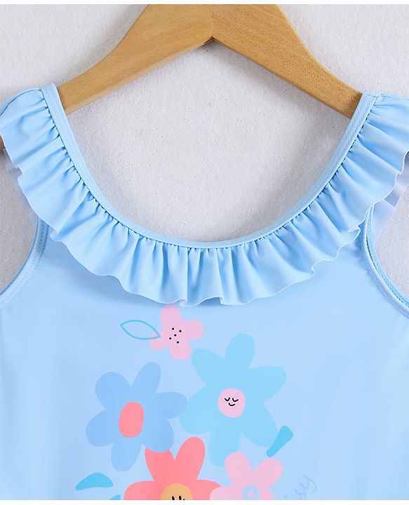 Pine Kids Sleeveless Frock Swimsuit With Floral Print - Light Blue