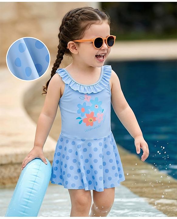 Pine Kids Sleeveless Frock Swimsuit With Floral Print - Light Blue
