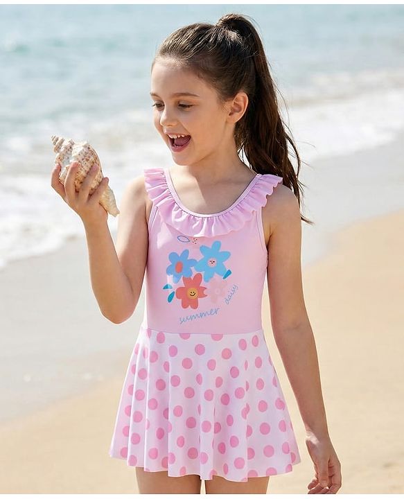 Pine Kids Sleeveless Frock Swimsuit With Floral Print - Light Blue