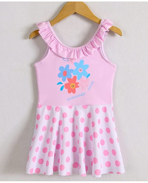 Pine Kids Sleeveless Frock Swimsuit With Floral Print - Light Blue