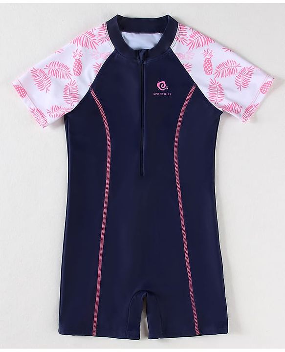 Pine Kids Half Raglan Sleeves Legged Swimsuit With Leaf Print - Navy Blue